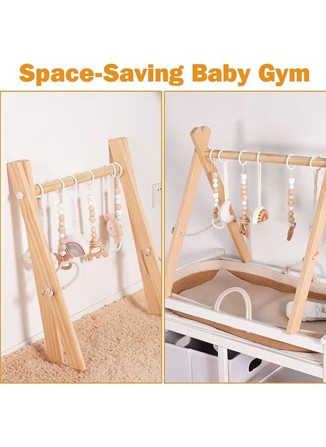 Baby Play Gym Wooden Baby Gym with 6 Toys Foldable Play Gym Frame Activity Gym Hanging Bar Baby Toy