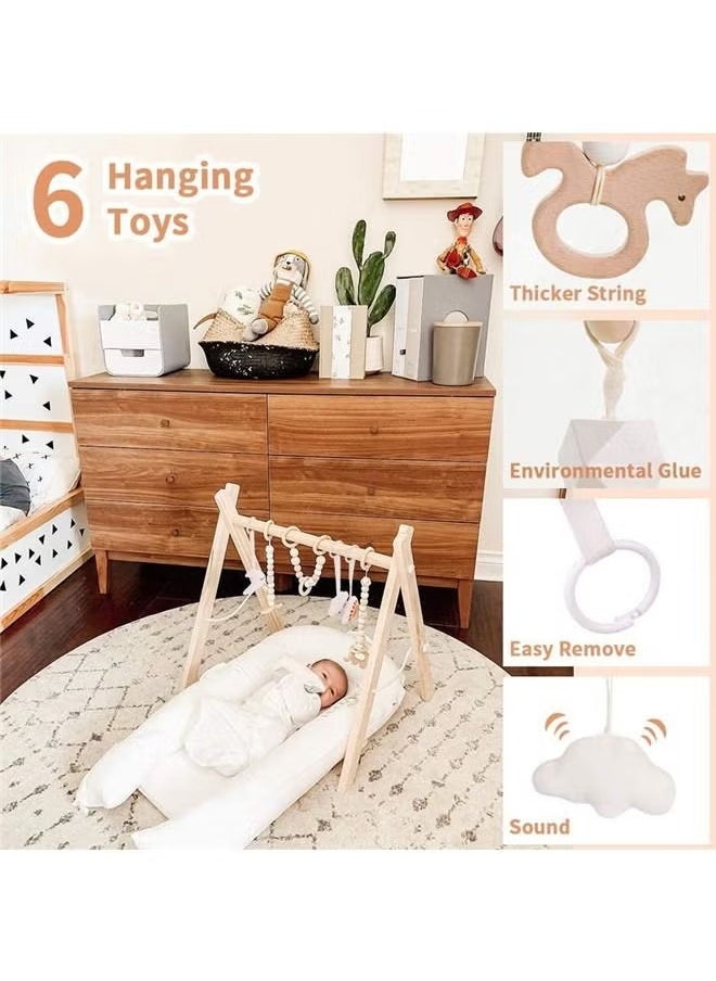 Baby Play Gym Wooden Baby Gym with 6 Toys Foldable Play Gym Frame Activity Gym Hanging Bar Baby Toy