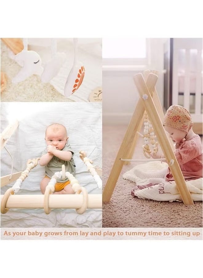 Baby Play Gym Wooden Baby Gym with 6 Toys Foldable Play Gym Frame Activity Gym Hanging Bar Baby Toy