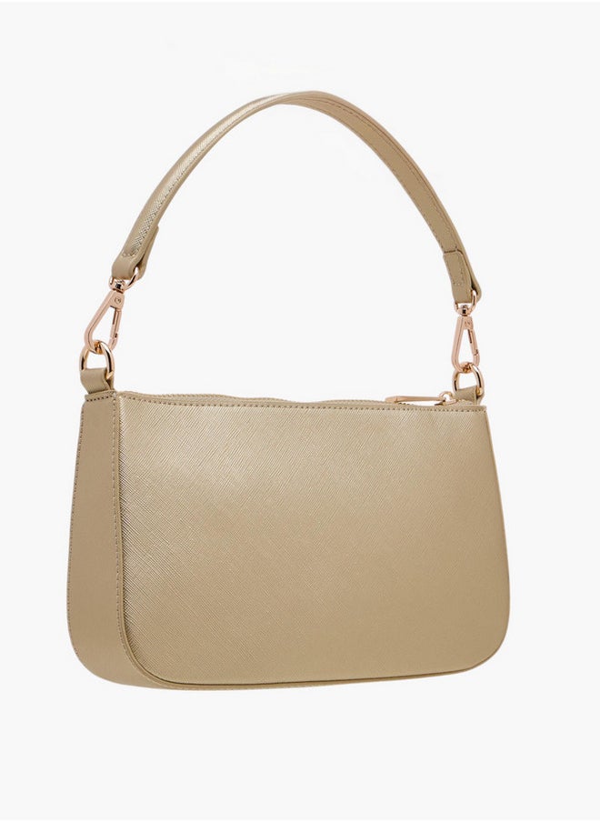 Textured Shoulder Bag with Detachable Strap and Zip Closure