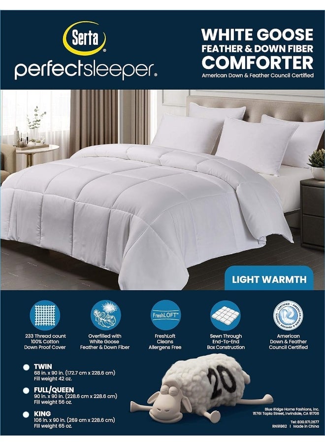 Serta White Goose Feather Down Comforter King Size, Light Warmth 300 Thread Count Down Duvet Insert 100% Cotton Down Proof Cover 500 Fill Power Duvet Comforter Hypoallergenic