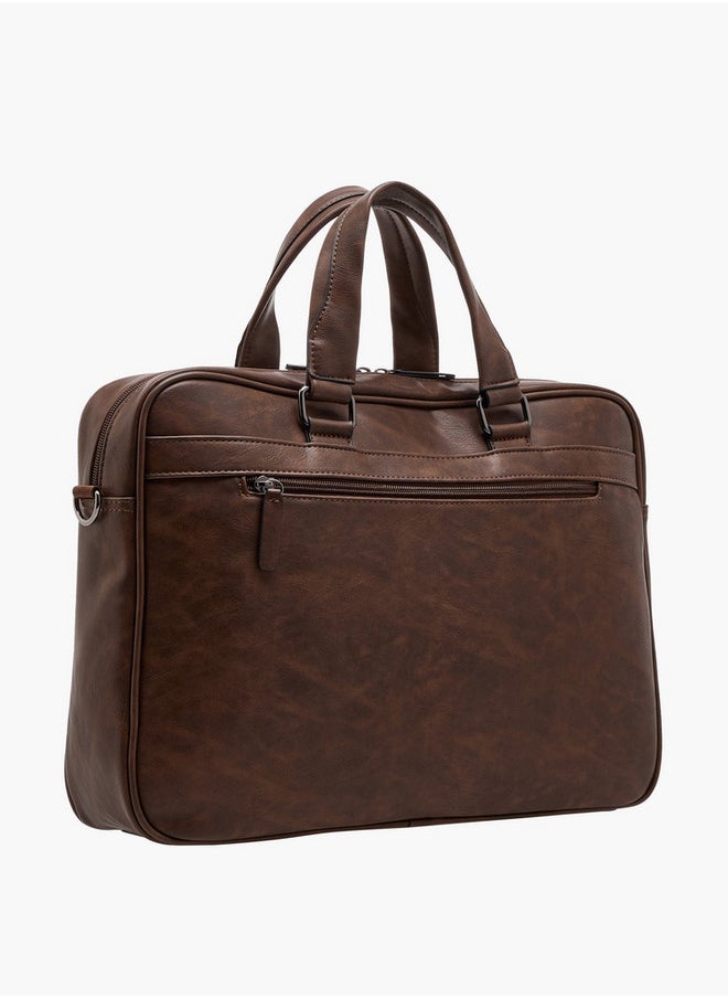 Men's Textured Laptop Bag with Detachable Strap and Zip Closure