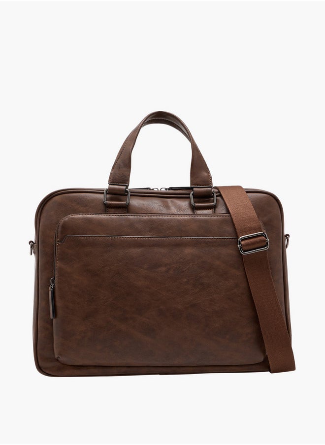 Men's Textured Laptop Bag with Detachable Strap and Zip Closure