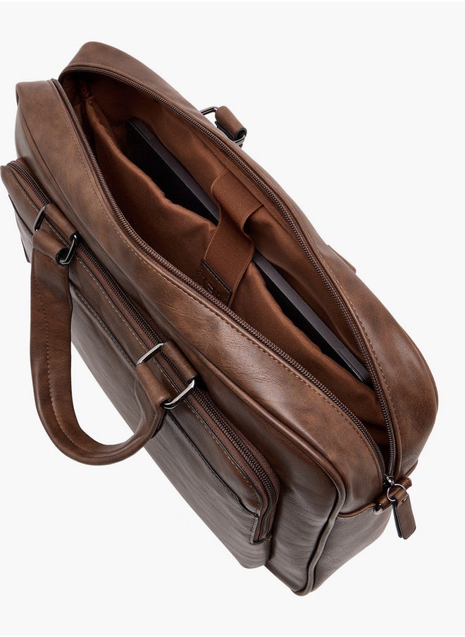 Men's Textured Laptop Bag with Detachable Strap and Zip Closure