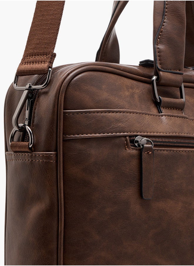 Men's Textured Laptop Bag with Detachable Strap and Zip Closure