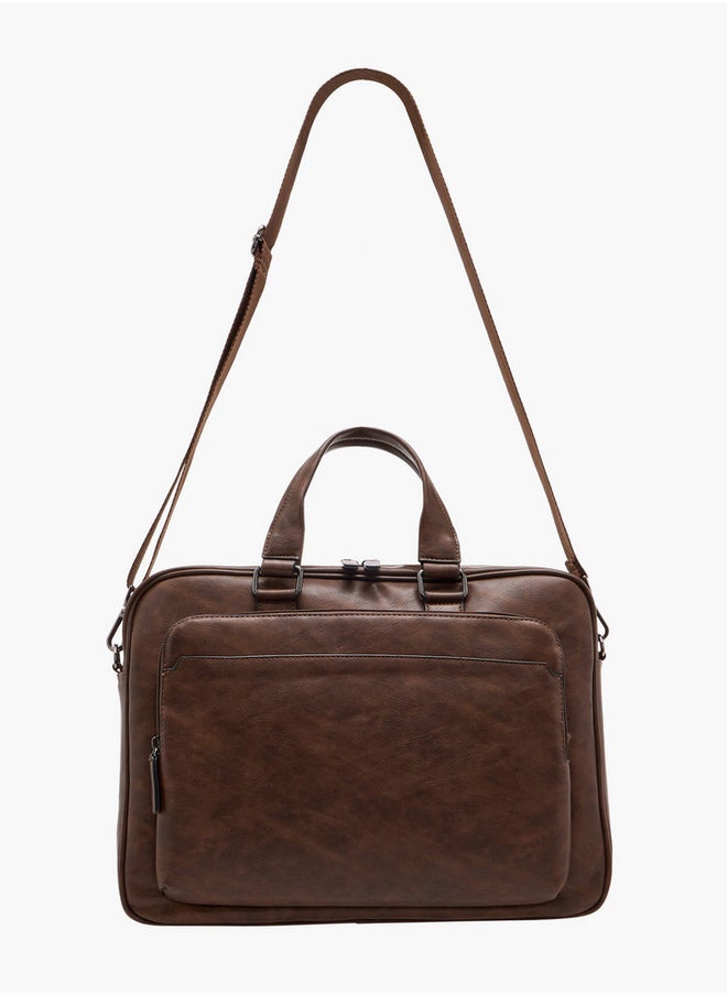 Men's Textured Laptop Bag with Detachable Strap and Zip Closure