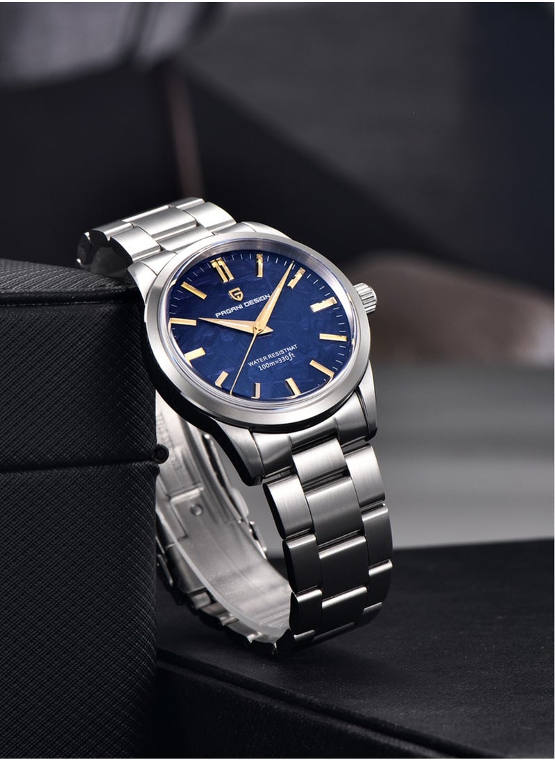 Men's Business Quartz Watches, Imported High-Quality Movement, 40MM Stainless Steel Frame, Synthetic Sapphire Glass Watch Window, Meteorite Blue Background Dial With Stainless Steel Strap, PD1734