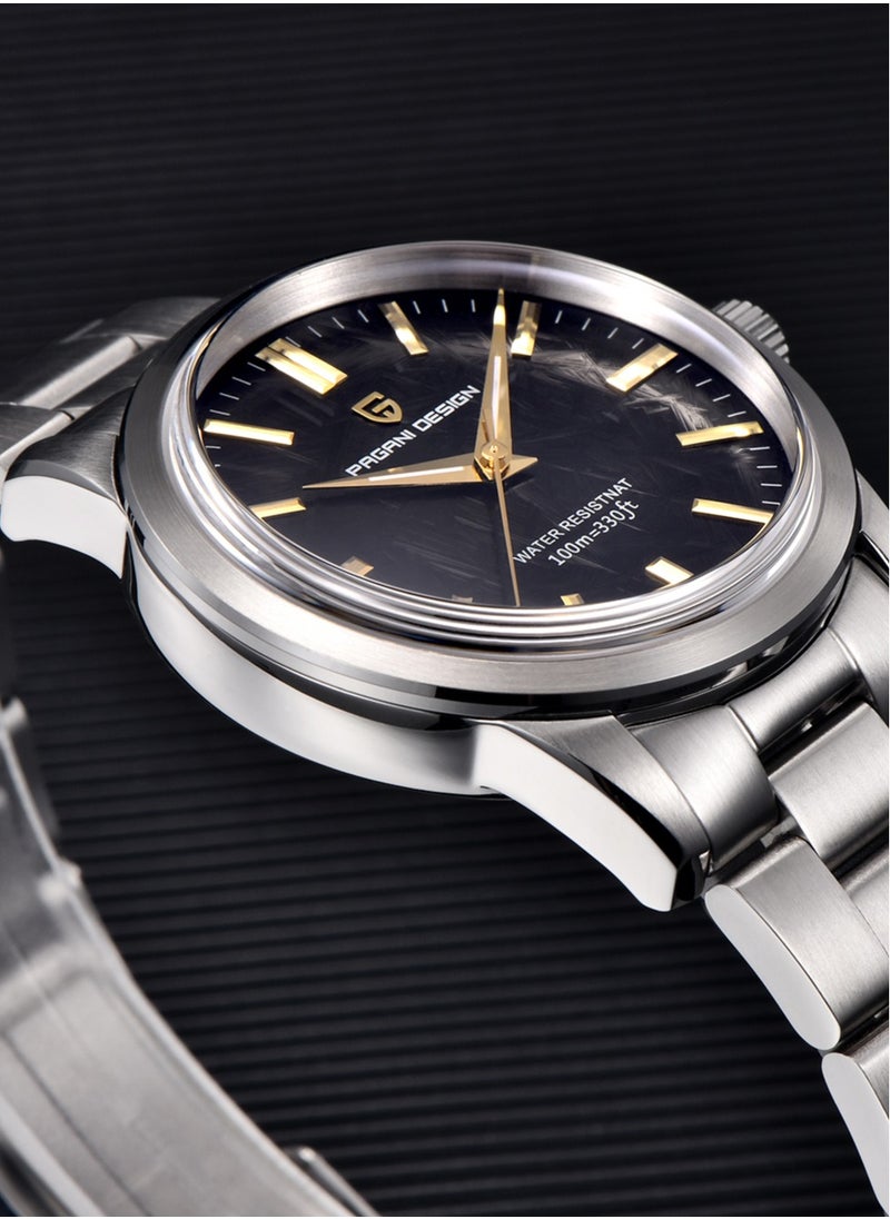 Men's Business Quartz Watches, Imported High-Quality Movement, 40MM Stainless Steel Frame, Synthetic Sapphire Glass Watch Window, Meteorite Black Background Dial With Stainless Steel Strap, PD1734