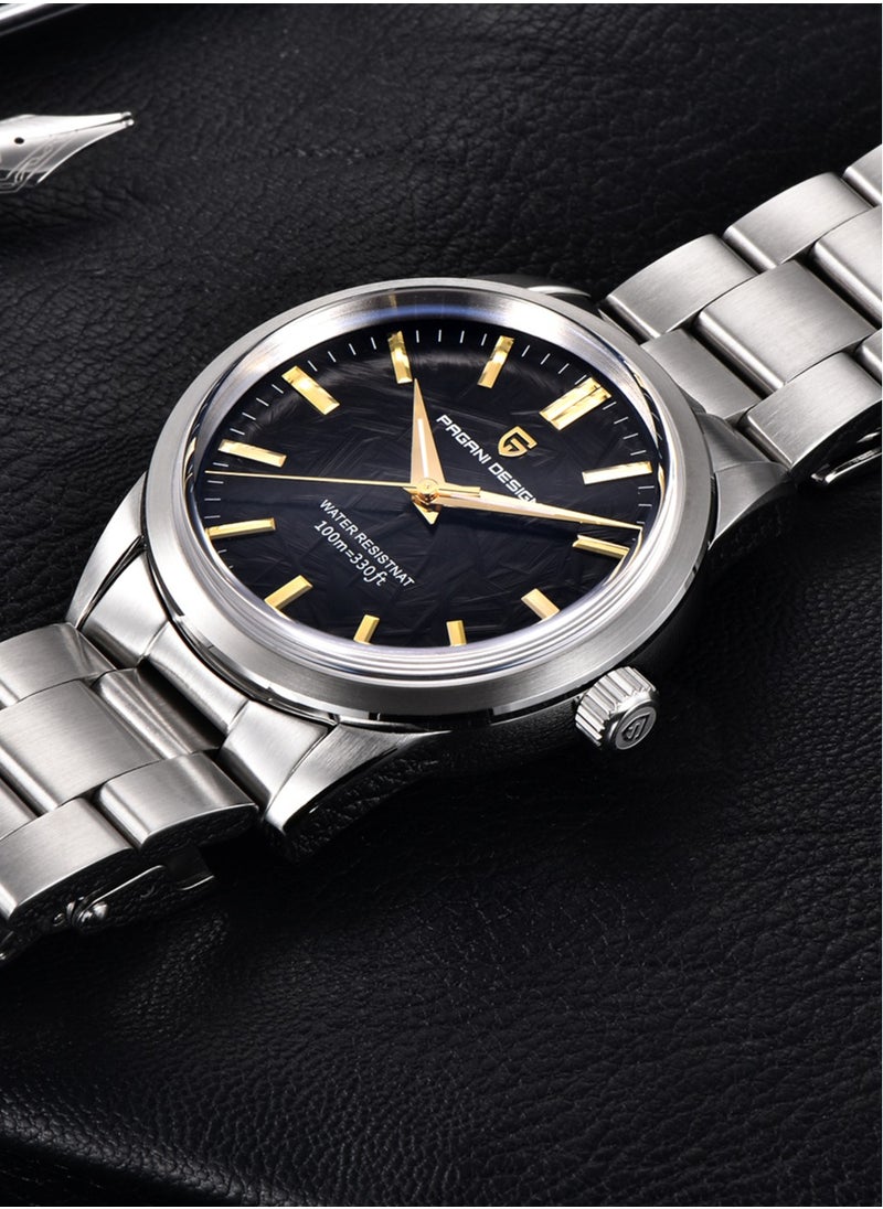 Men's Business Quartz Watches, Imported High-Quality Movement, 40MM Stainless Steel Frame, Synthetic Sapphire Glass Watch Window, Meteorite Black Background Dial With Stainless Steel Strap, PD1734