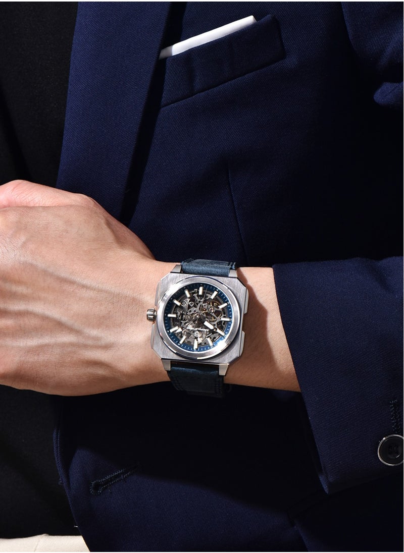 New Luxury Men's Automatic Mechanical Watches, Stainless Steel Frame With Hollow Dial, PU Leather Strap, Synthetic Sapphire Glass Watch Window, Waterproof, PD1791