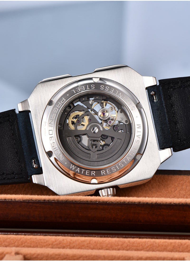 New Luxury Men's Automatic Mechanical Watches, Stainless Steel Frame With Hollow Dial, PU Leather Strap, Synthetic Sapphire Glass Watch Window, Waterproof, PD1791