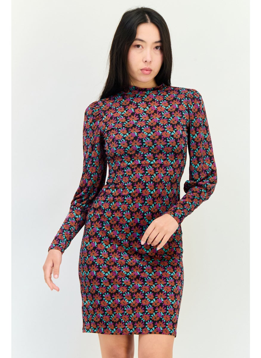 Women Floral Print Mini Dress, Multicolor