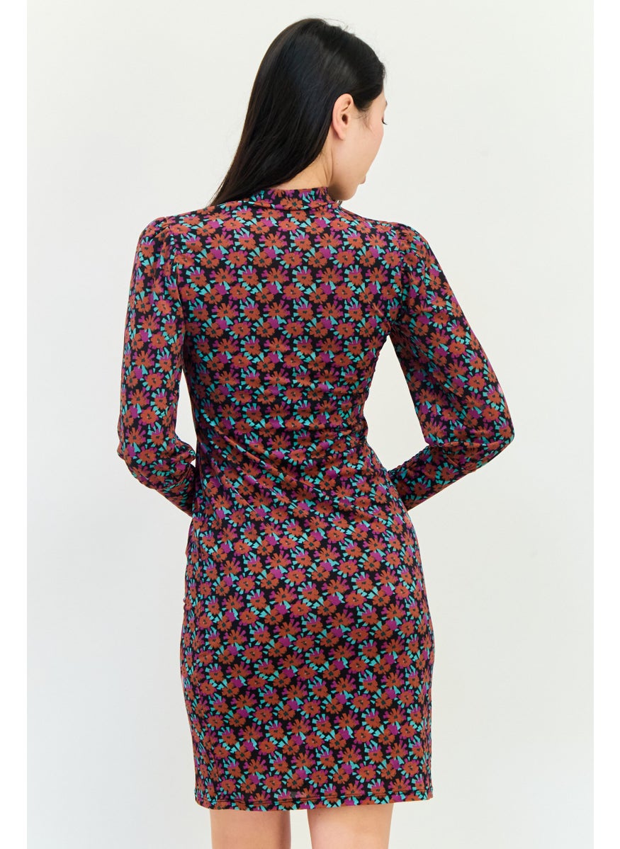 Women Floral Print Mini Dress, Multicolor