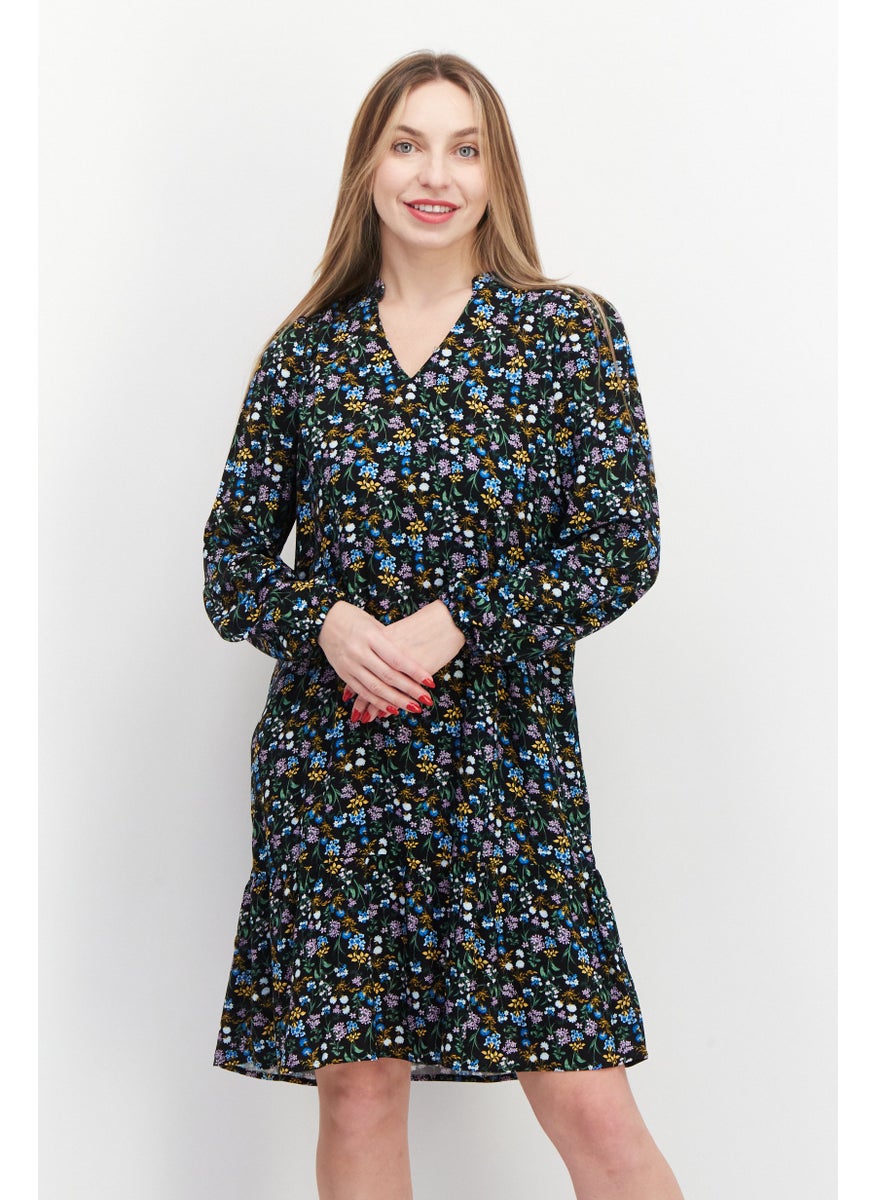 Women Floral Print Mini Casual Dress, Black Combo