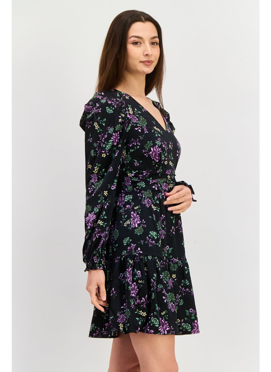 Women Floral Pattern Mini Dress, Black Combo