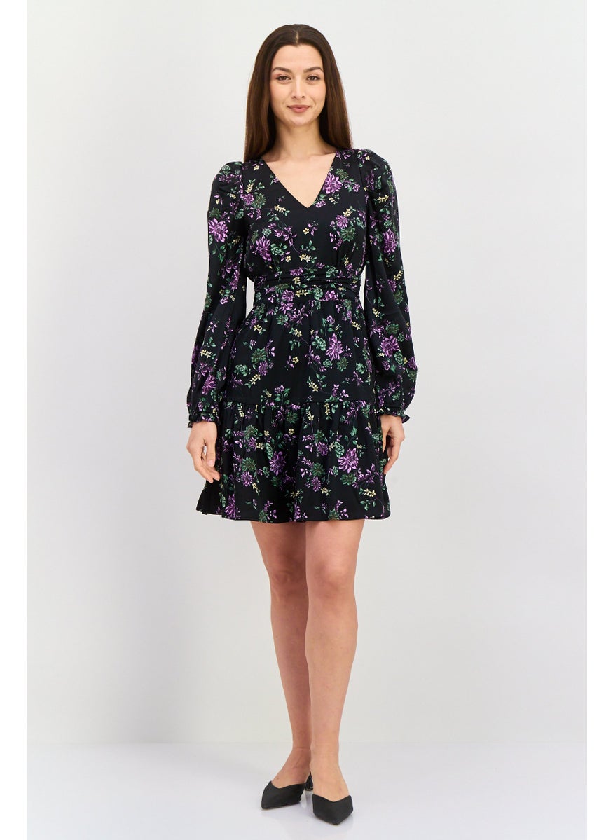 Women Floral Pattern Mini Dress, Black Combo