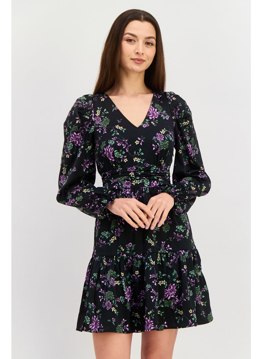 Women Floral Pattern Mini Dress, Black Combo