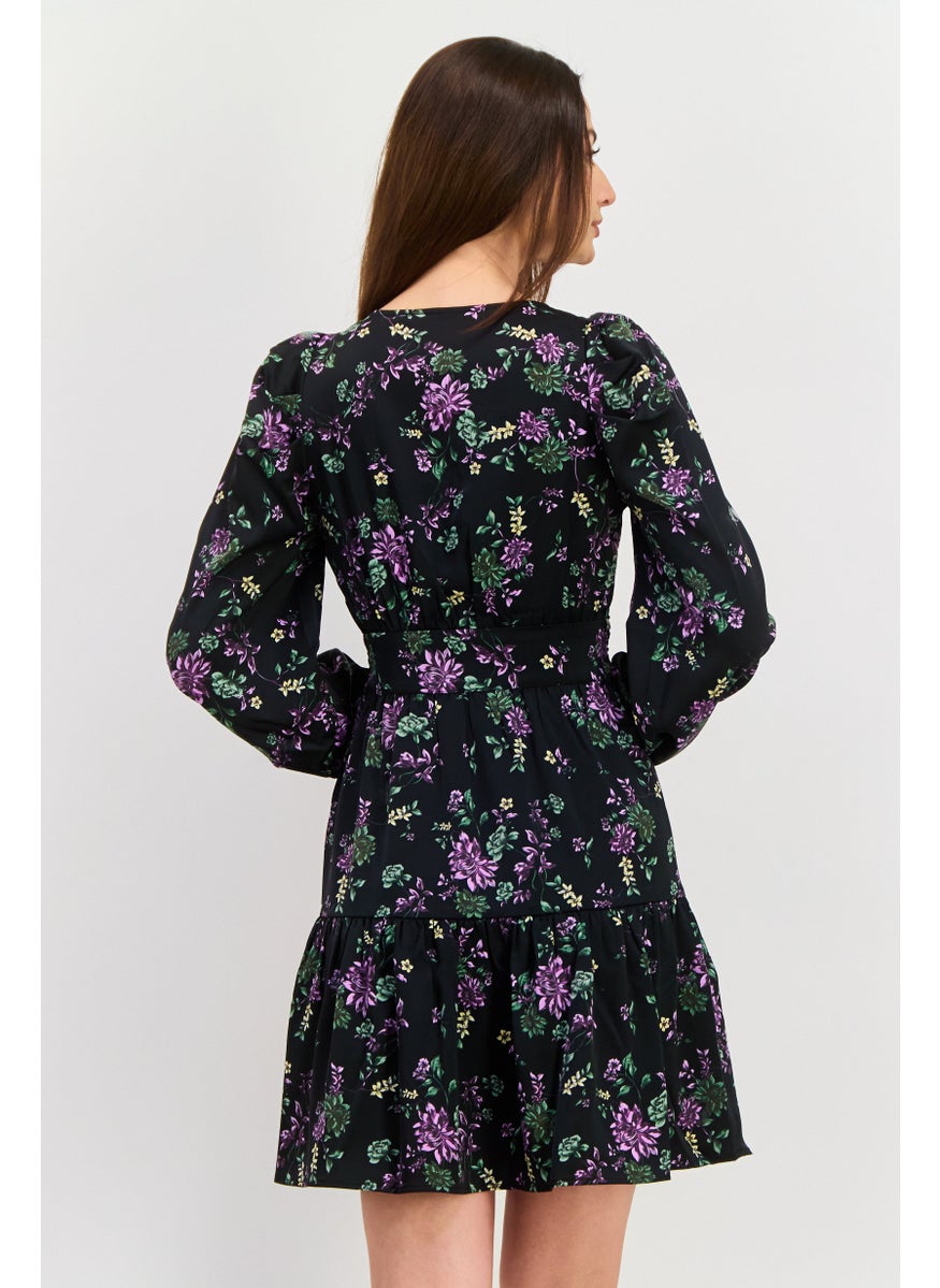 Women Floral Pattern Mini Dress, Black Combo