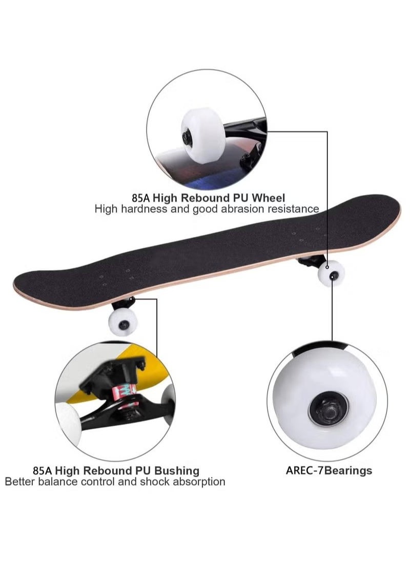 Complete Skateboard 7 Layer Maple Skateboard with Waterproof Emery and PU Skidproof Wheels Double Kick Concave Skateboard for Kids Teens and Adults