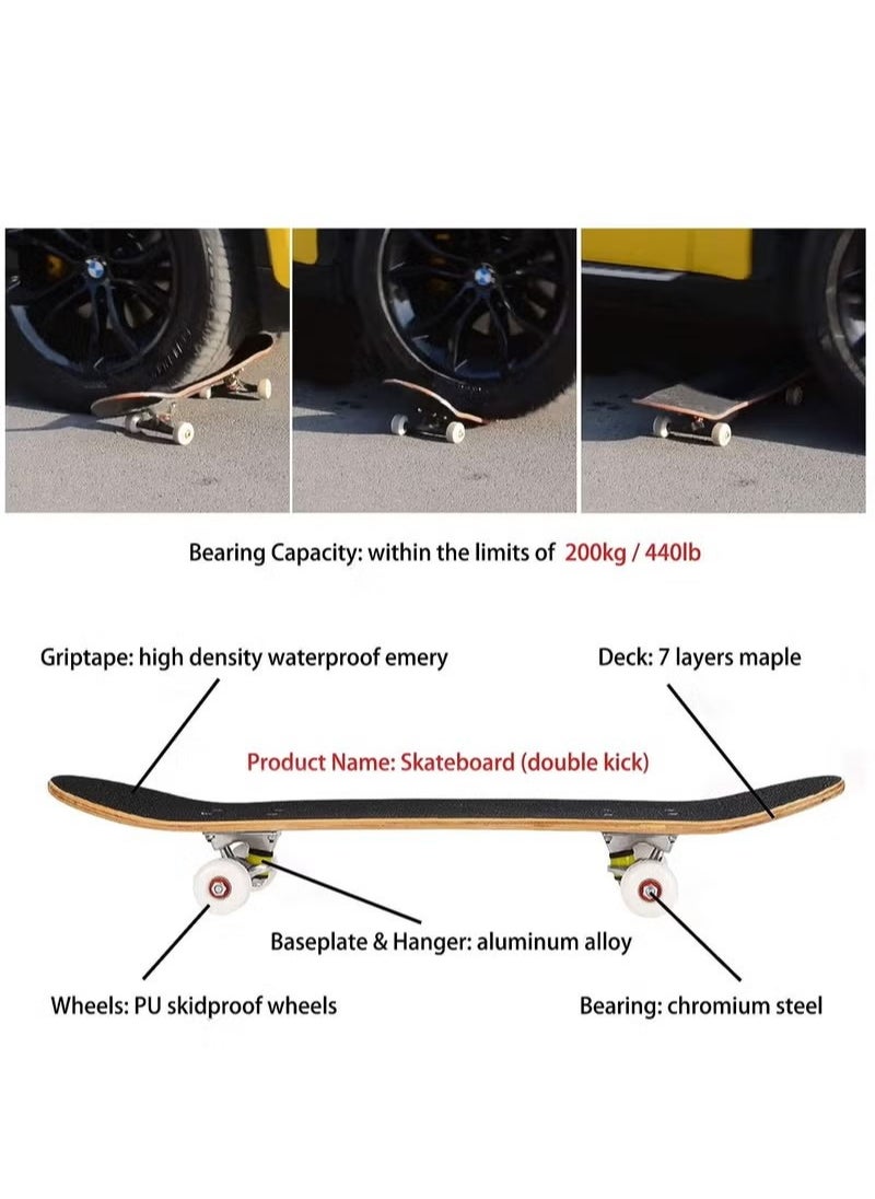 Complete Skateboard 7 Layer Maple Skateboard with Waterproof Emery and PU Skidproof Wheels Double Kick Concave Skateboard for Kids Teens and Adults