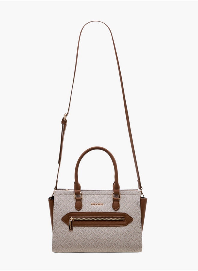 Monogram Print Tote Bag with Double Handle and Zip Closure