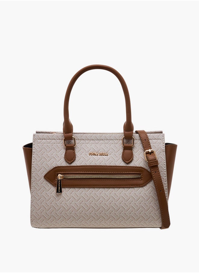 Monogram Print Tote Bag with Double Handle and Zip Closure