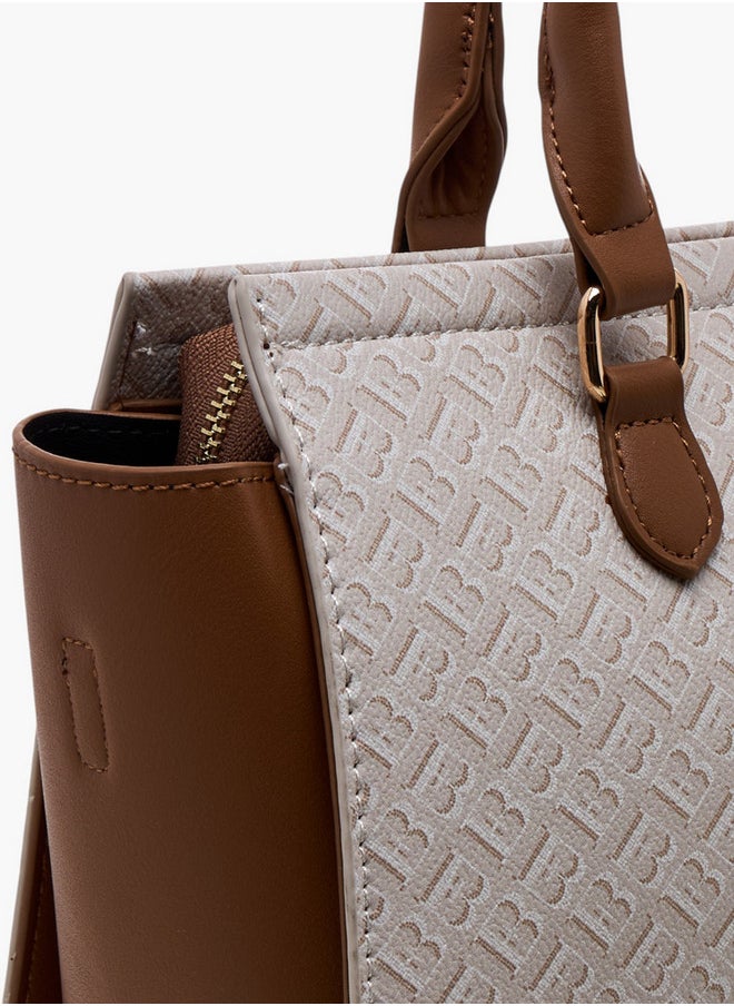 Monogram Print Tote Bag with Double Handle and Zip Closure