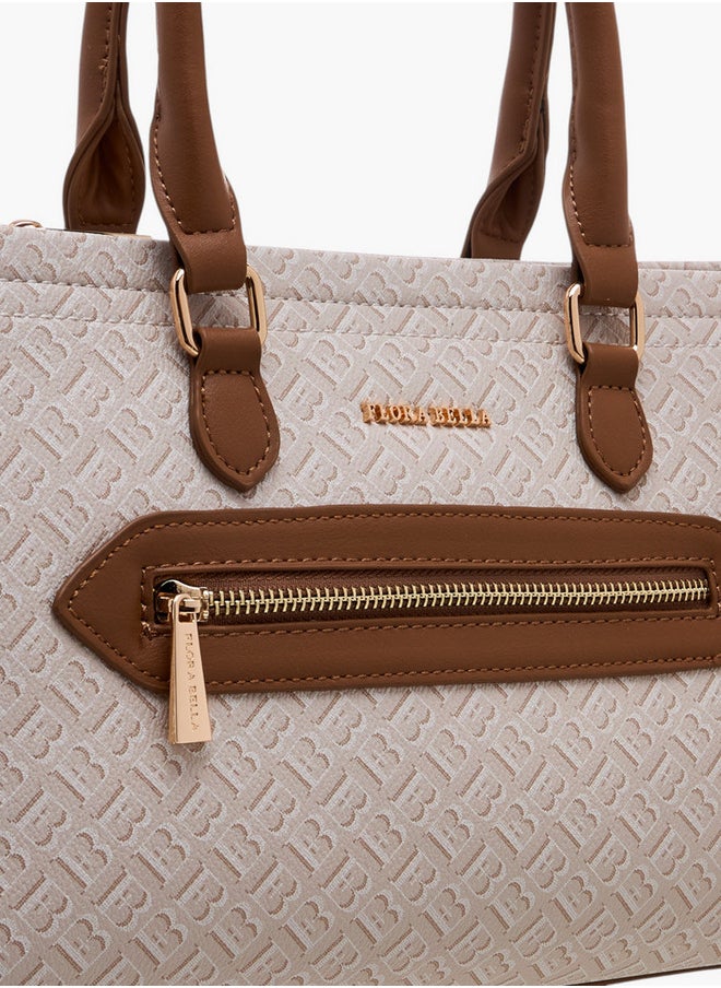 Monogram Print Tote Bag with Double Handle and Zip Closure