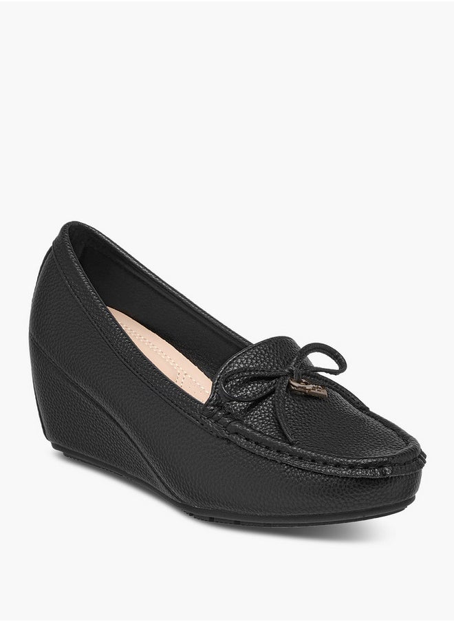 Women's Monogram Print Wedge Comfort Shoes with Bow Detail