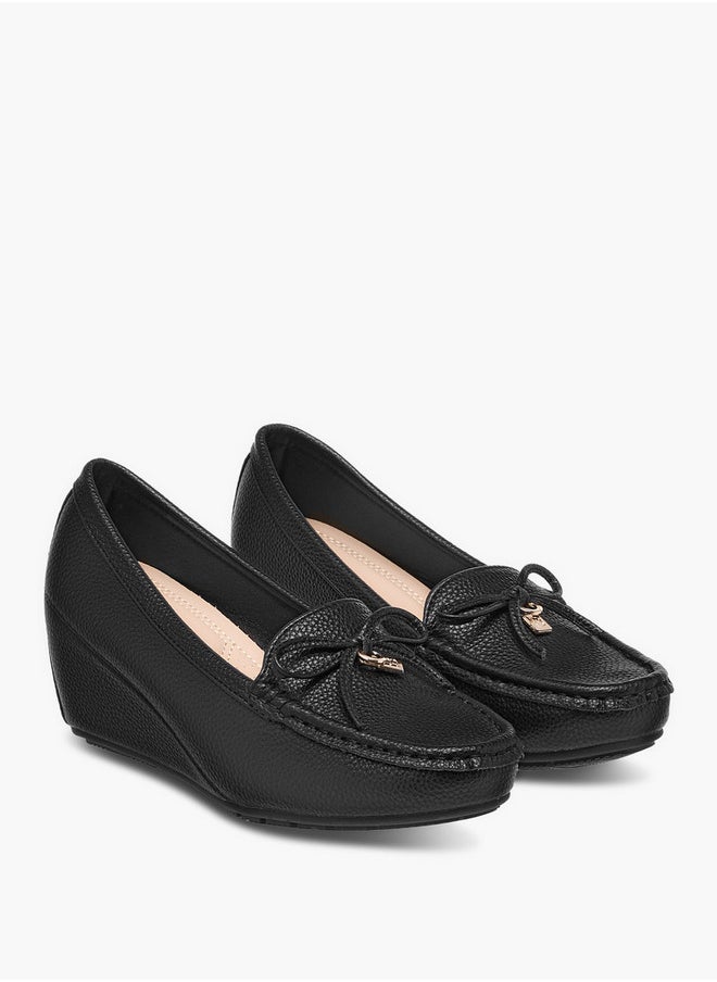 Women's Monogram Print Wedge Comfort Shoes with Bow Detail