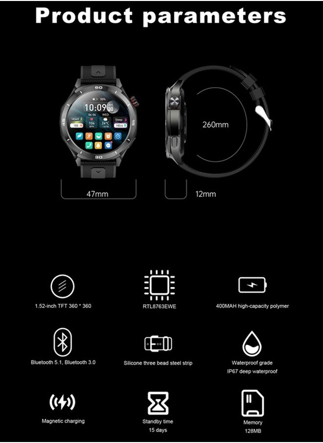Men's Bluetooth Smartwatch, 1.52-Inch Full-Screen Touch, IP67 Waterproof, Answer/Make Phone Function, Exercise And Sleep Monitoring, Universal For Android And IOS Systems,Smart Watch RT i129