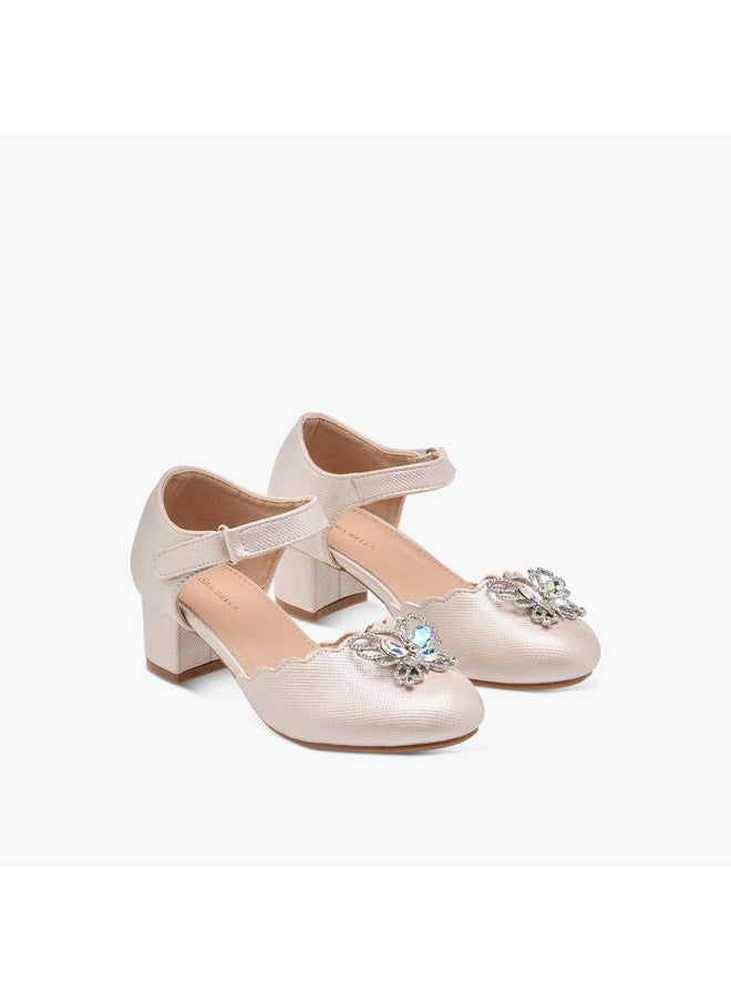 Girls Embellished Block Heel Shoes with Hook and Loop Closure