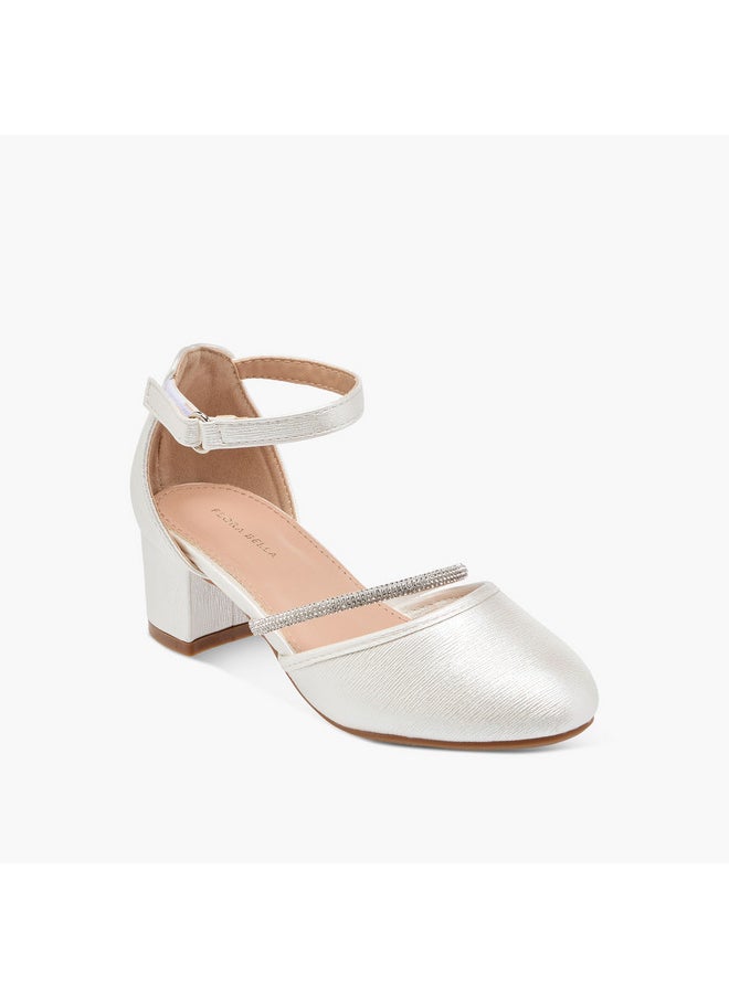 Girls Embellished Block Heel Shoes with Hook and Loop Closure
