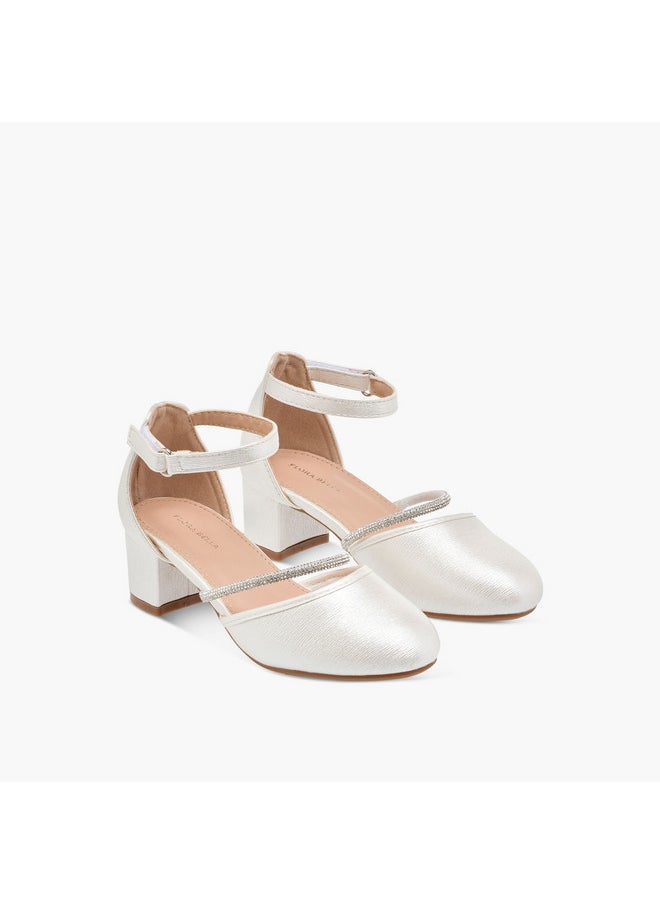 Girls Embellished Block Heel Shoes with Hook and Loop Closure