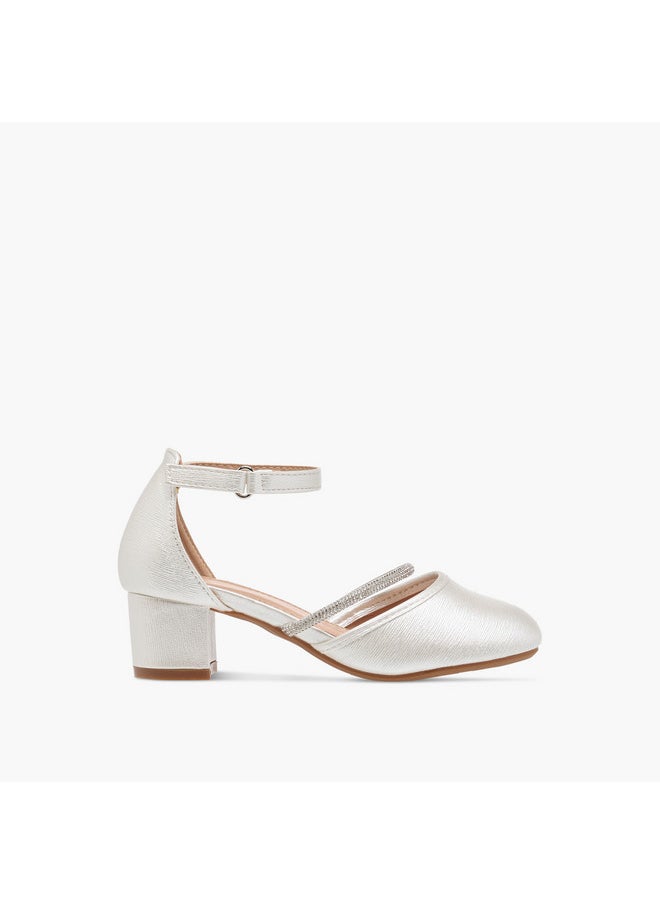 Girls Embellished Block Heel Shoes with Hook and Loop Closure