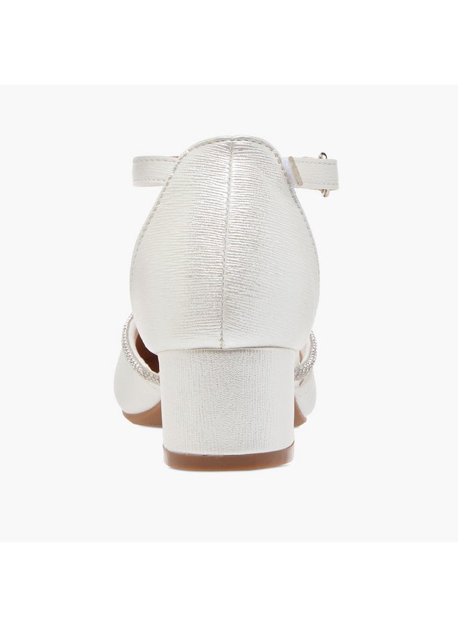 Girls Embellished Block Heel Shoes with Hook and Loop Closure