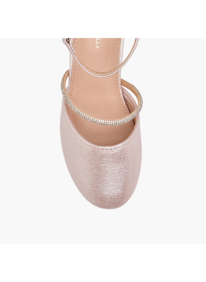Girls Embellished Block Heel Shoes with Hook and Loop Closure