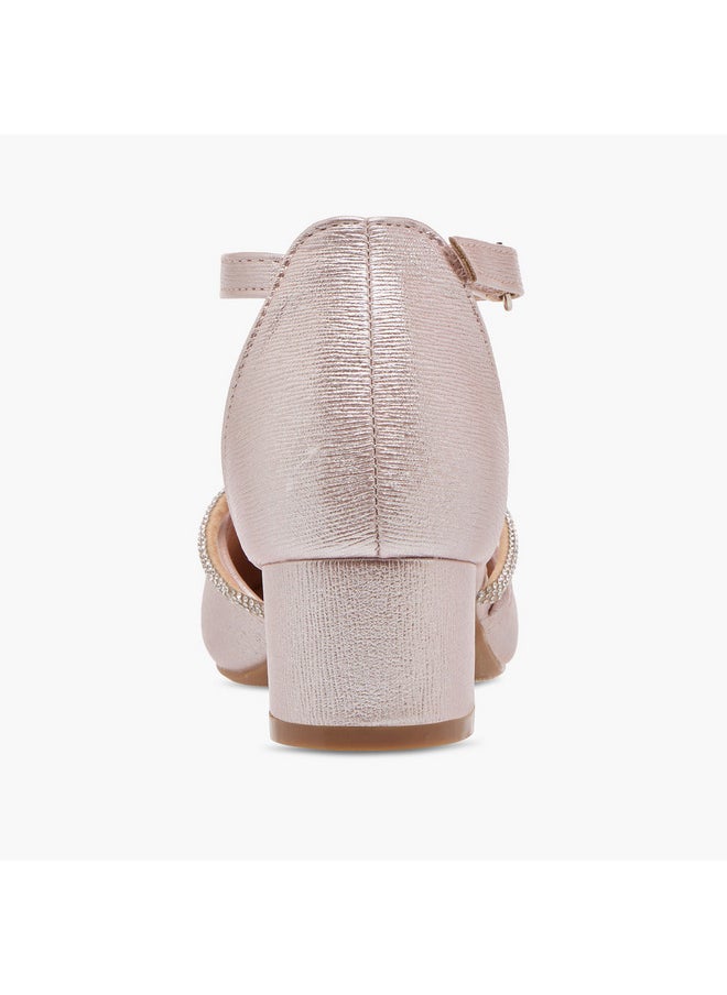Girls Embellished Block Heel Shoes with Hook and Loop Closure