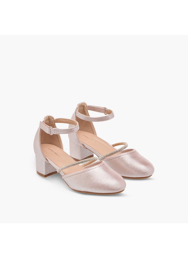 Girls Embellished Block Heel Shoes with Hook and Loop Closure