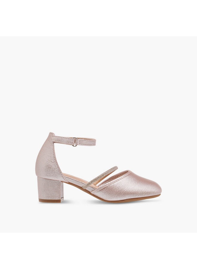 Girls Embellished Block Heel Shoes with Hook and Loop Closure