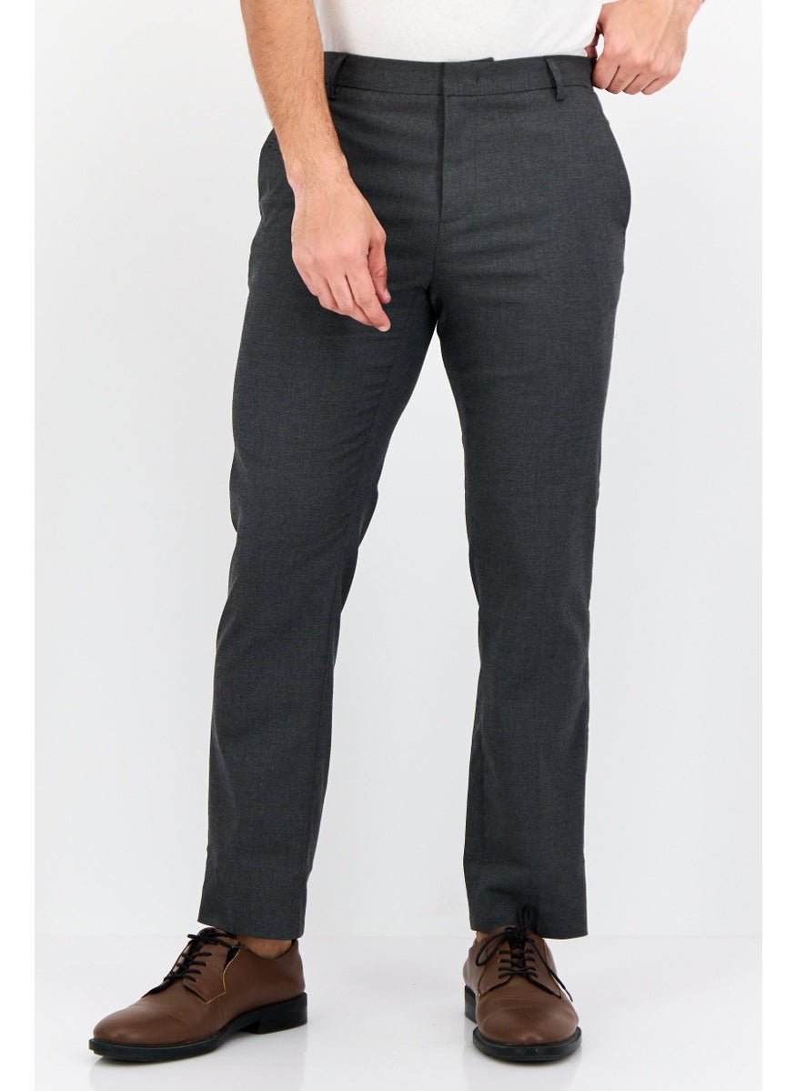 Men Regular Fit Solid Dress Pants, Dark Grey