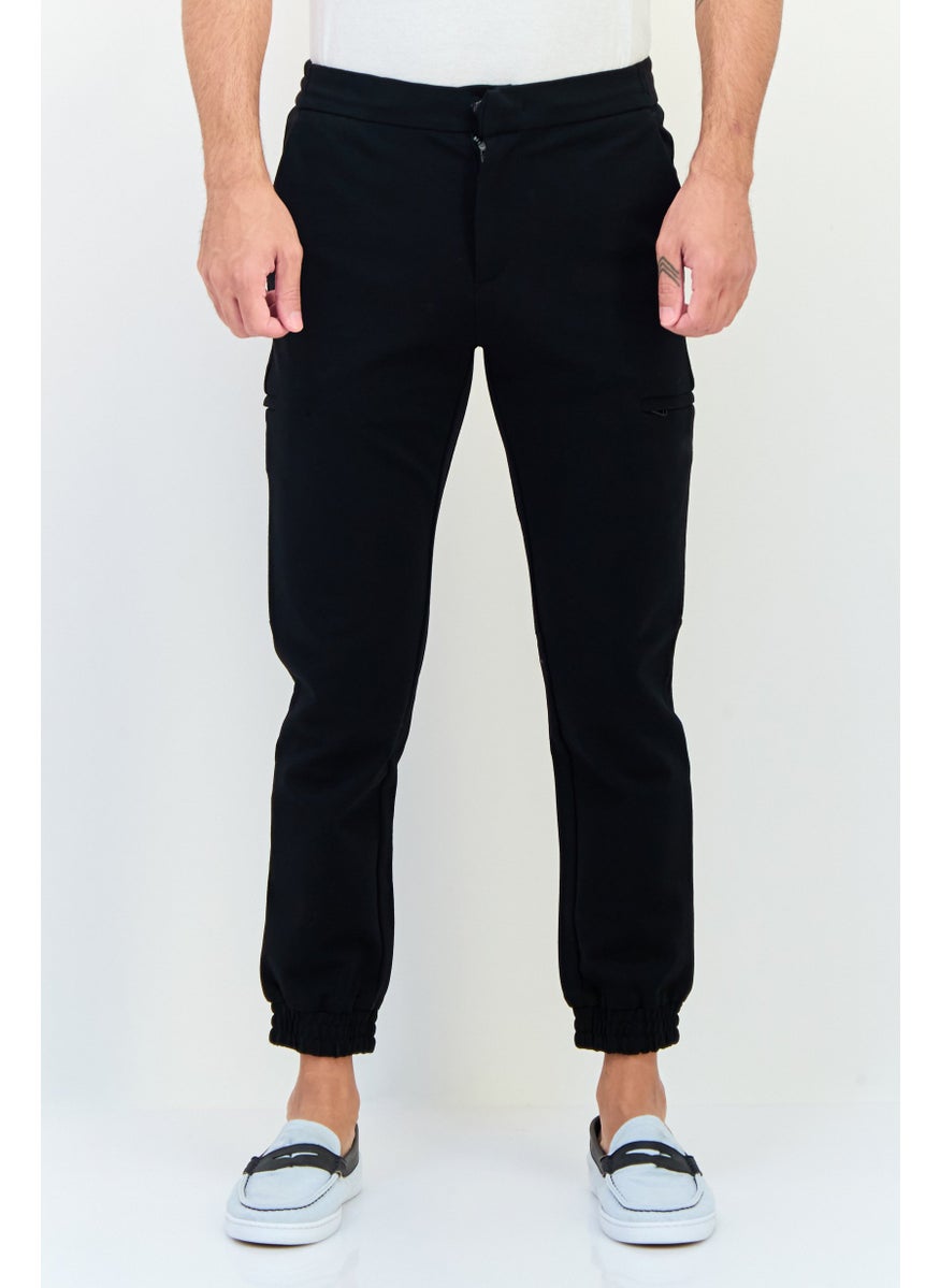 Men Cuffed Fit Plain Jogger Pants, Black