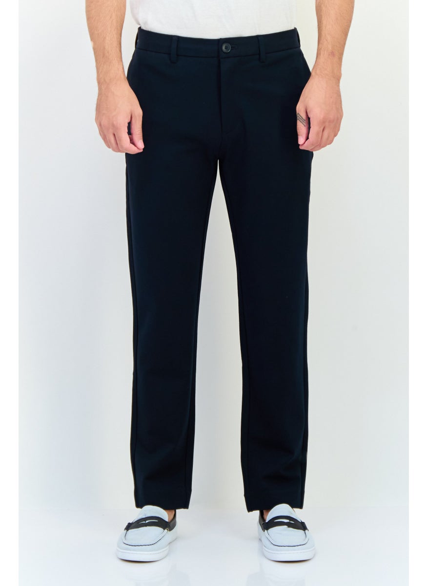Men Regular Fit Solid Straight Leg Pants, Navy Blue