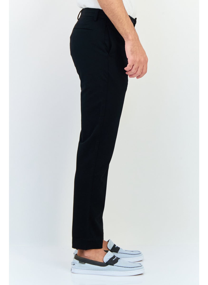 Men Regular Fit Solid Straight Leg Pants, Black