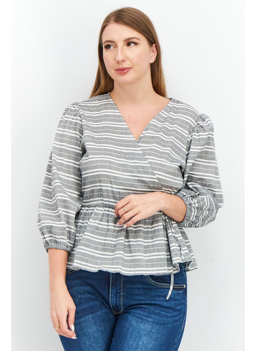 Women Surplice Neck 3/4 Sleeve Stripe Wrap Front Tops, Grey