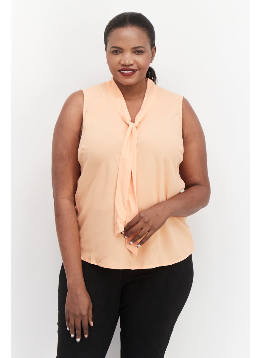 Women Plus Size Tie Neckline Sleeveless Plain Top, Orange