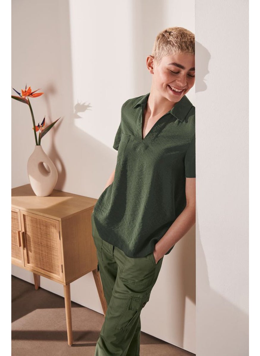 Women Split Neck Short Sleeve Blouse, Sage
