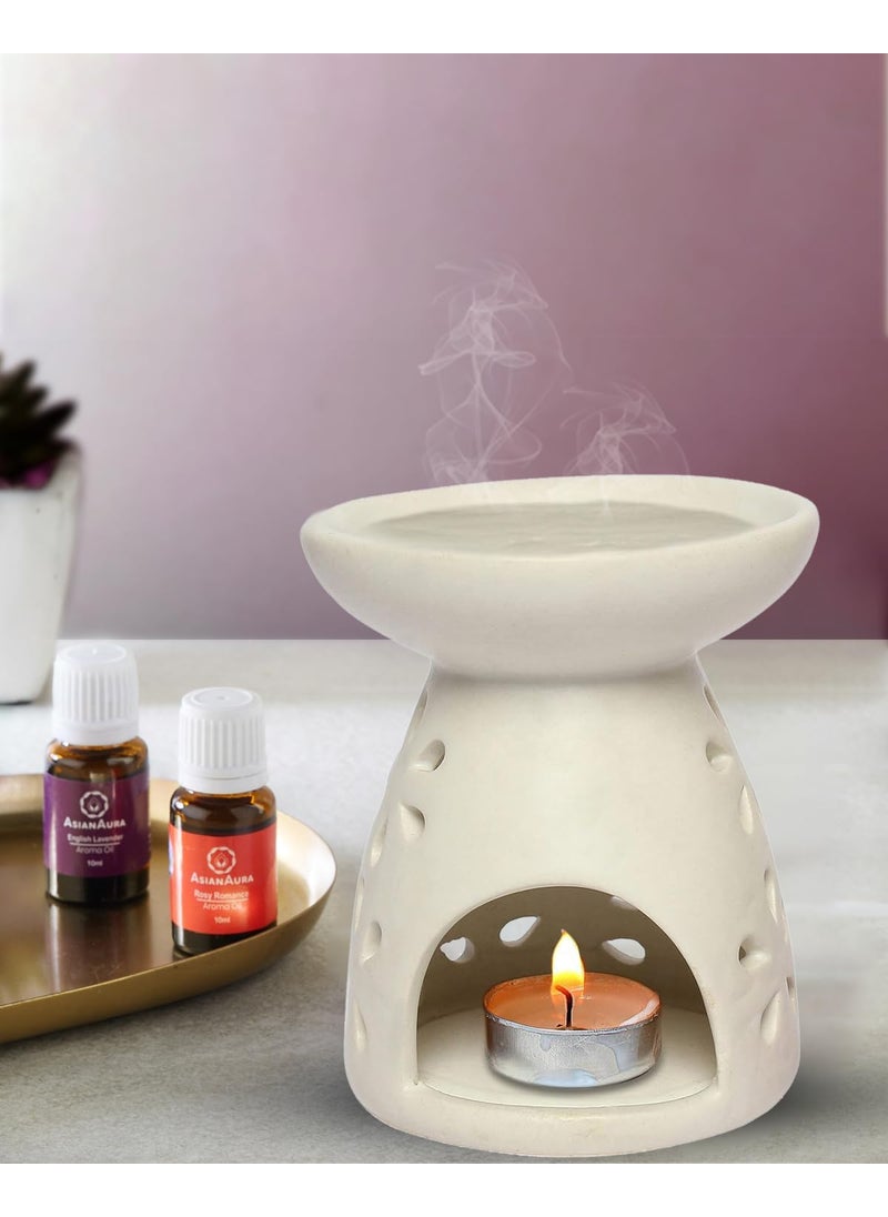 Asian Aura TLight Diffuser Oil Burner with 2 10 ml Aroma Oil Fragrance Rosy Romance English Lavender 1 Tea Light Candle Aromatherapy and Meditation for HomeOfficeSPA White Diffuser