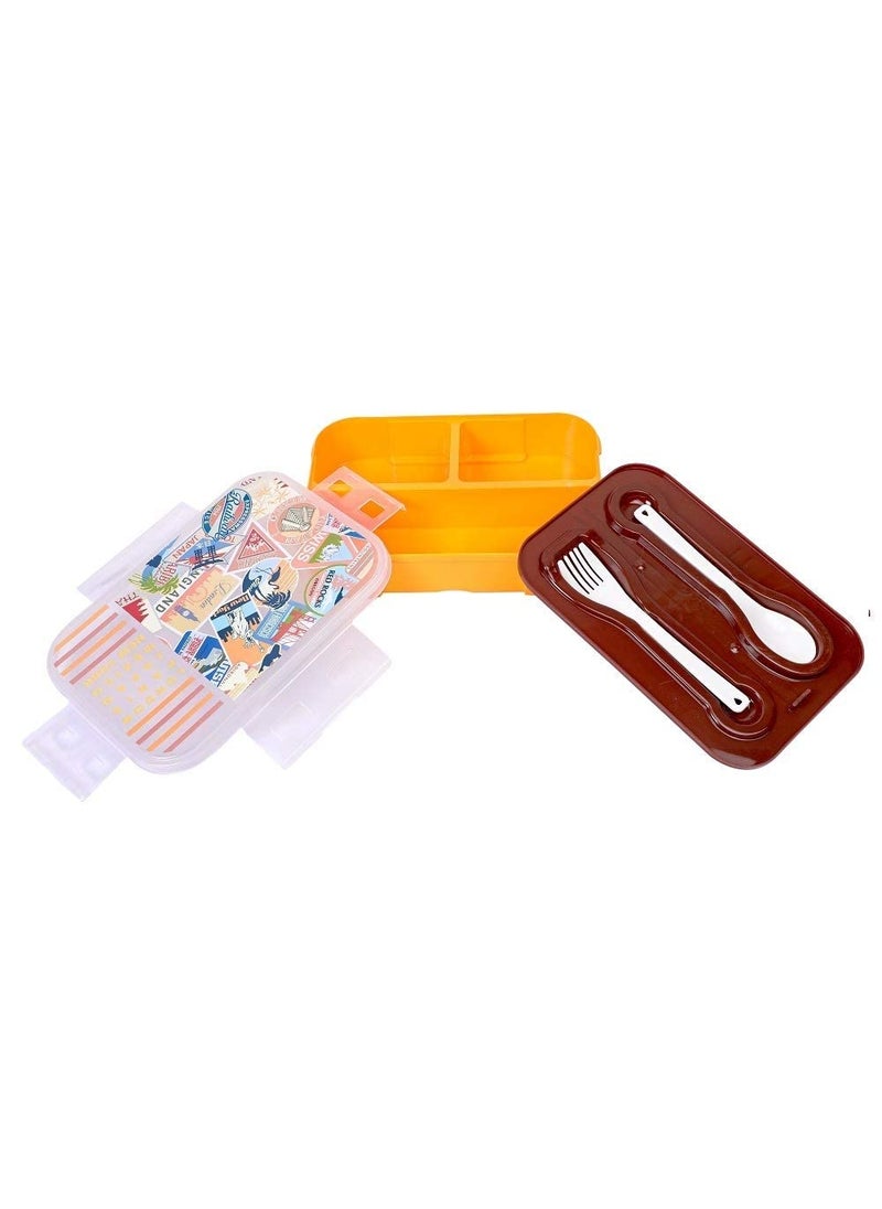 Kytaste Lunch Box with 3 Separate Compartments for School Office with Spoon (Brown)