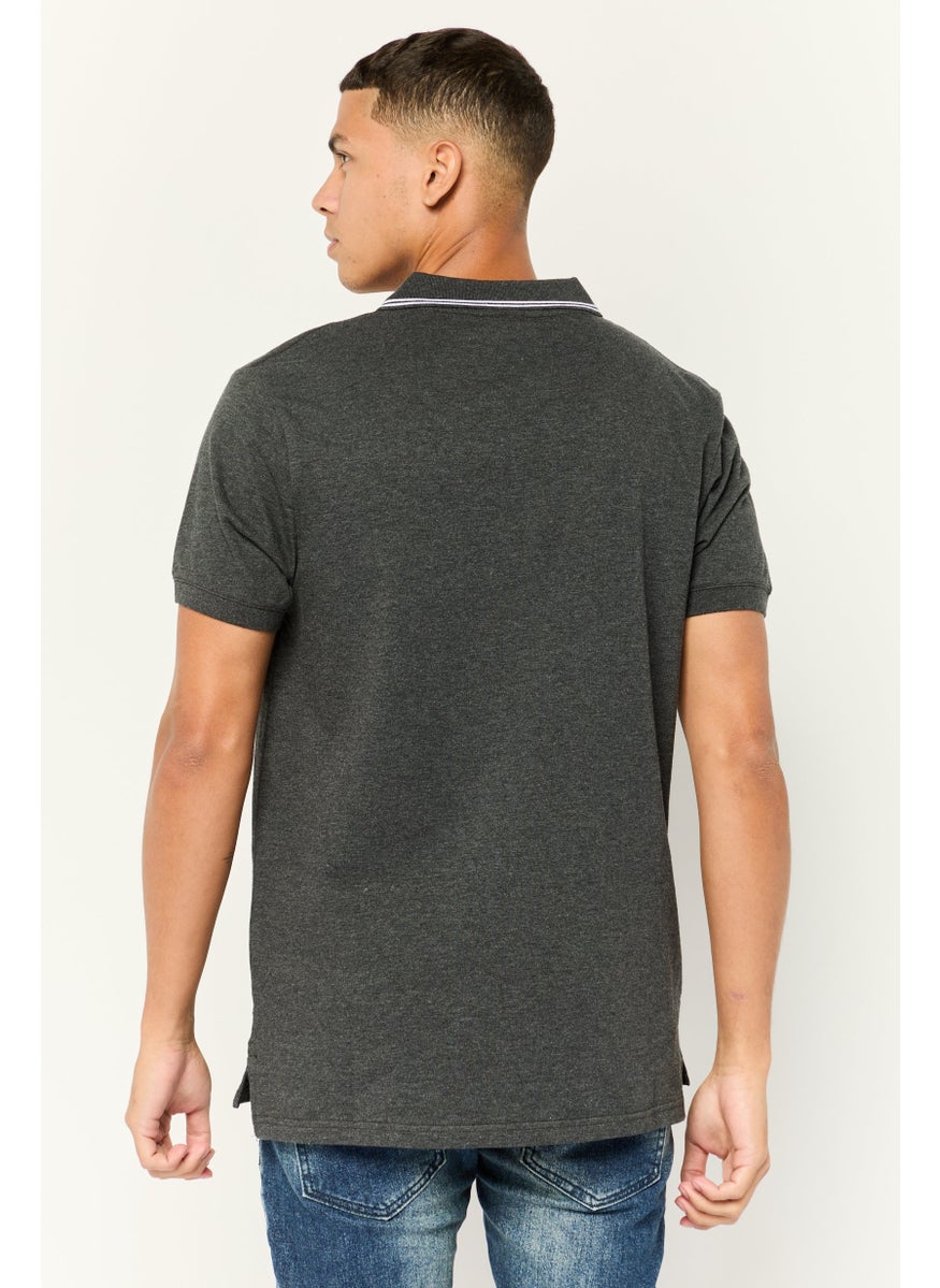 Men Regular Fit Brand Logo Short Sleeves Polo Shirt, Grey